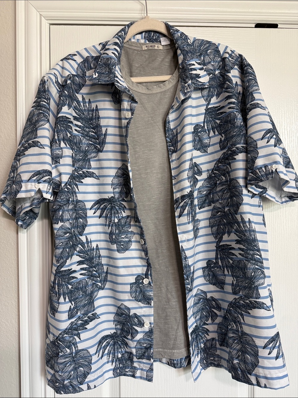Men's Blue Tropical Stripe Short-Sleeve Shirt and Buck Mason Grey T-shirt